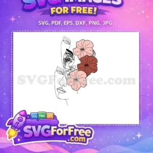 Free artistic SVG of a woman's face in continuous line art, adorned with soft pink and rustic brown flowers. Grab this free design now!