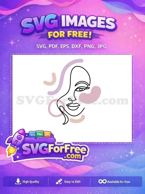 Elegant Free Line Art Face SVG Design – Modern Abstract Art Free abstract line art drawing of a serene female face with colorful organic shapes, ideal for modern free design projects.