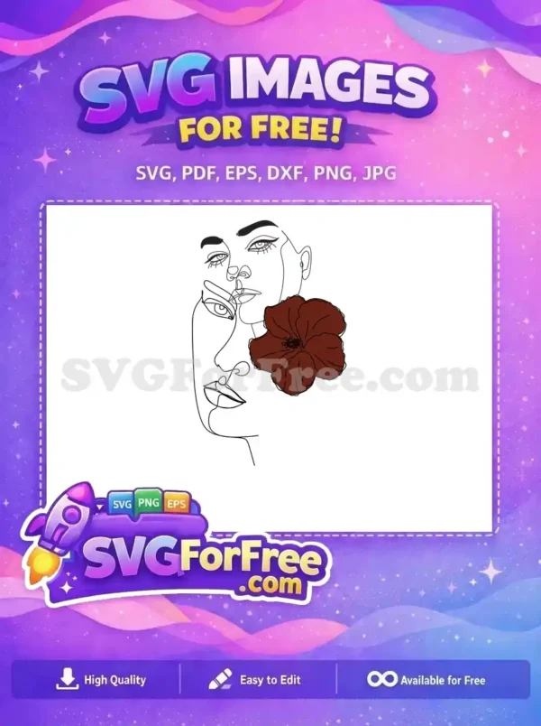 A captivating free design showcasing minimalist black line art of two intertwined faces, enhanced by a rich maroon flower. Free for artists.