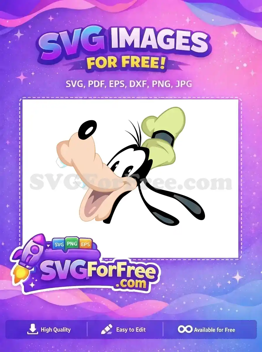 A vibrant, free Goofy character SVG design, showcasing his iconic happy expression and classic hat. Download this free cartoon vector.