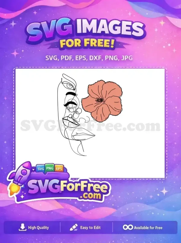 A free minimalist line art portrait of a woman's face in profile, adorned with a peach-colored flower. Perfect free SVG for diverse projects.