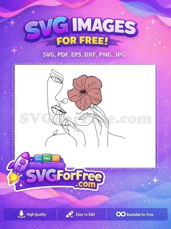 Free Floral Woman Line Art SVG – Elegant & Modern Design Elegant free line art of a woman's face with a delicate pink flower, perfect for modern design projects. Free for you!