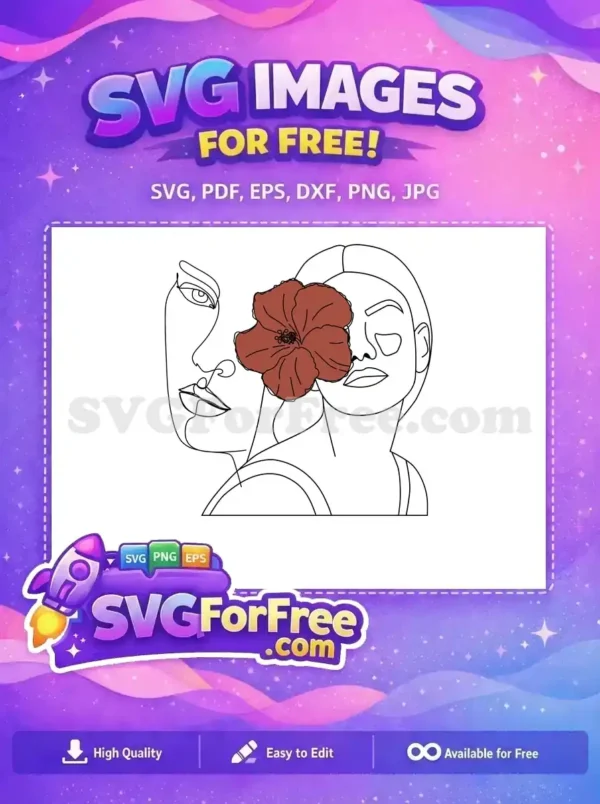 Free Line Art Faces & Flower SVG Design for modern free art. A free minimalist line art SVG featuring two female faces intertwined with a bold red flower, perfect for free creative projects.