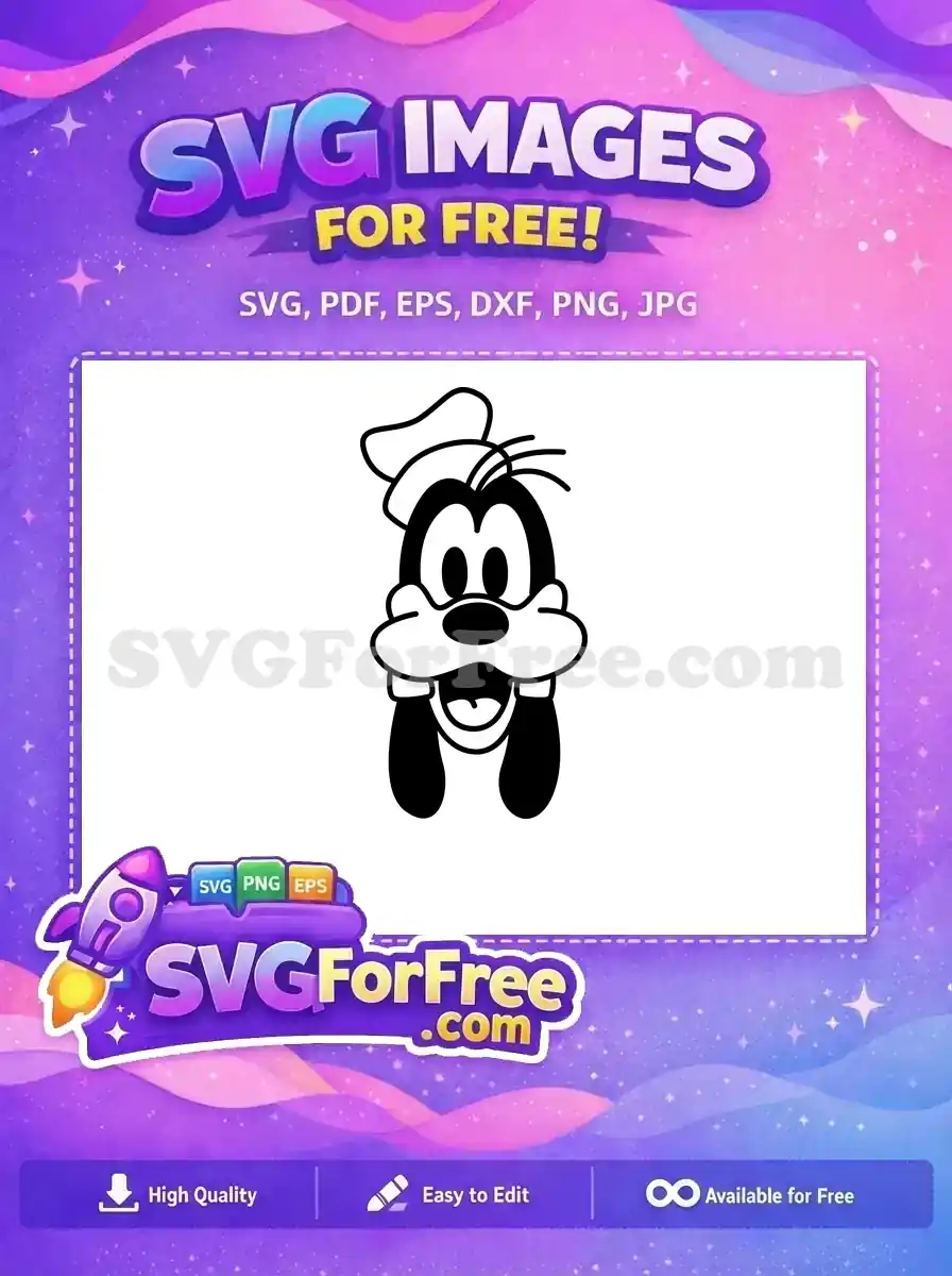 A delightful free design of a classic cartoon dog's head, Goofy, with a wide smile and hat, ready for your creative projects. This free SVG is iconic.