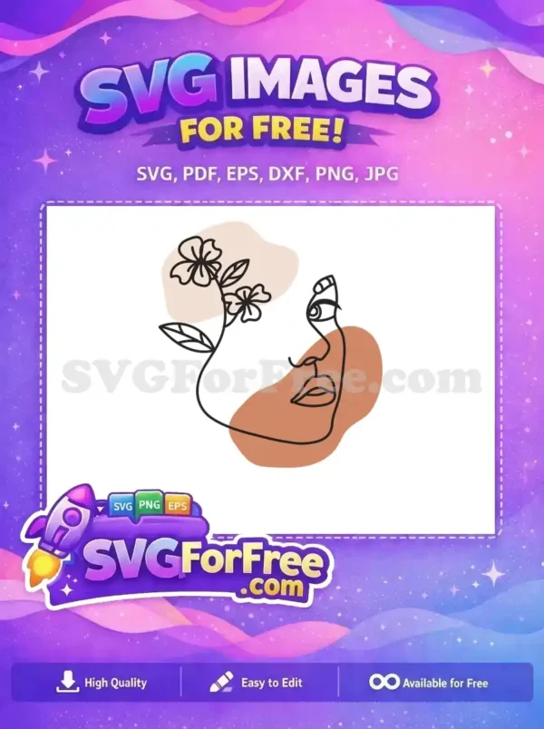 A free minimalist line art SVG of a woman's face with delicate flowers and abstract shapes, ideal for free creative projects.
