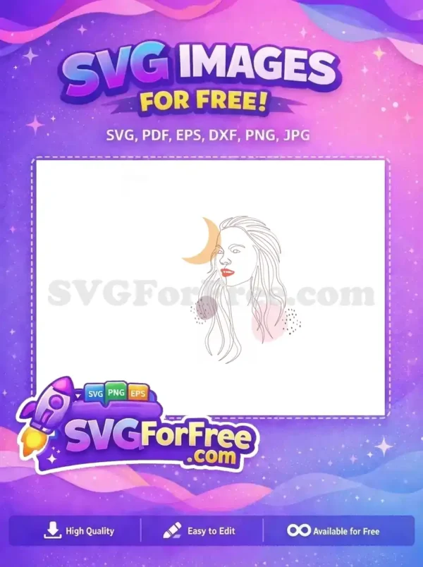 Free minimalist line art of a woman's face with flowing hair, abstract moon, and shapes. A striking free design.