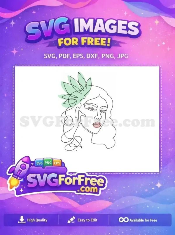 Free Elegant One-Line Woman with Floral SVG Design A free minimalist one-line art SVG of a woman's face with a mint green floral hair accessory, elegant and stylish.