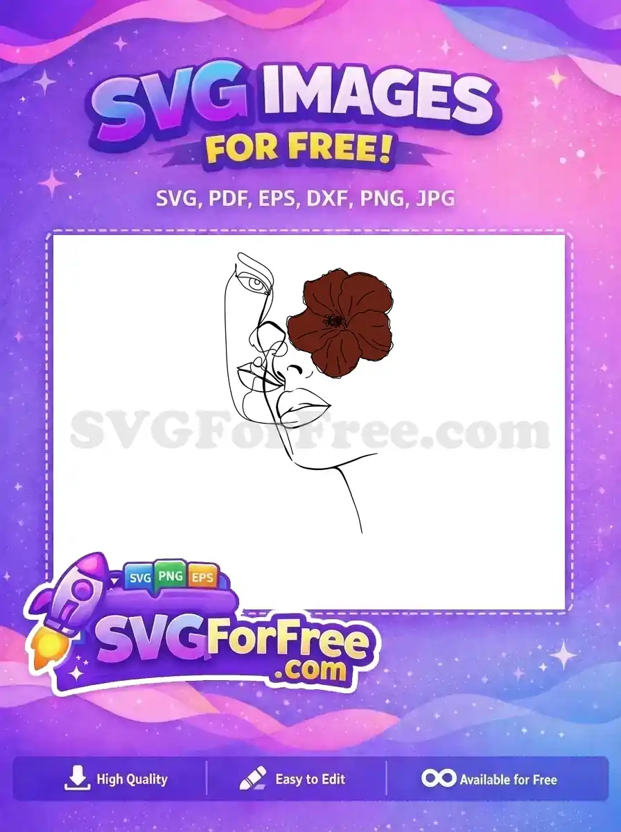 A beautiful free line art portrait of a woman's face adorned with a rich maroon flower, showcasing a unique free design style.