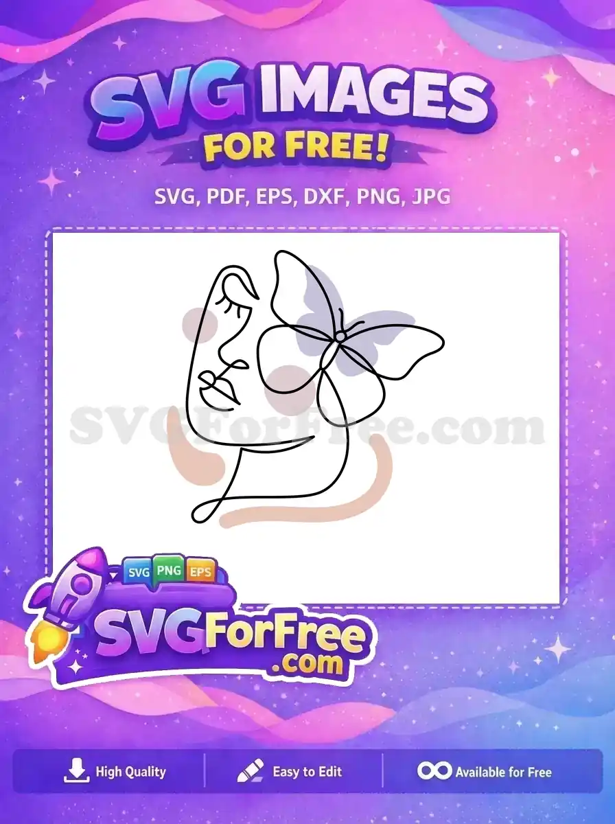 Free minimalist line art of a woman's face with a butterfly, accented by soft abstract shapes. A free and elegant design for diverse projects.