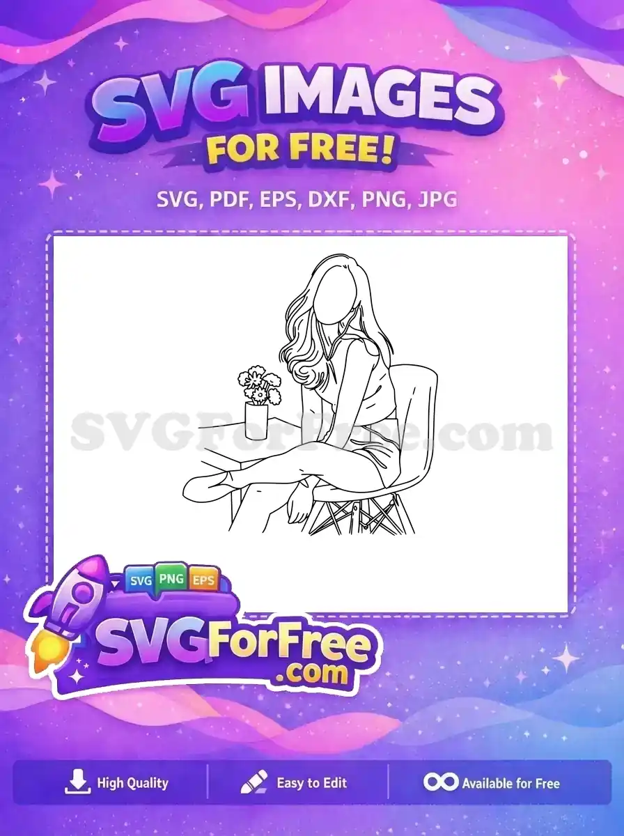 Free Wavy Hair Free Sitting Pose Line Art Free SVG 1