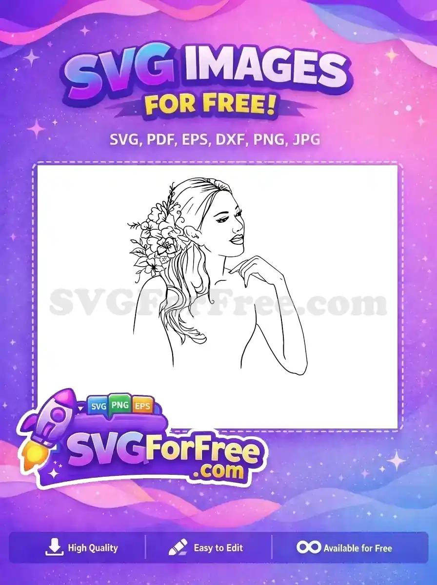Free Floral Crown Free Wavy Hair Line Art Women Free SVG 1