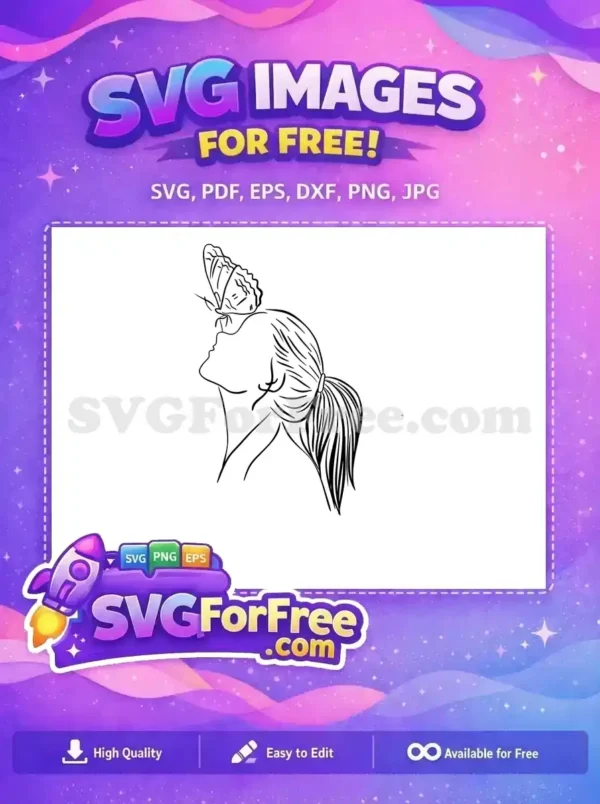 Free Butterfly on Head Free Ponytail Hairstyle Line Art Free SVG