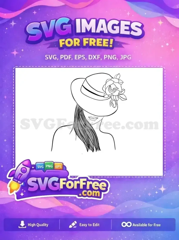 Free Rose Hat Free Flowing Hair Line Art Women Free SVG Free Rose Hat Free Flowing Hair Line Art Women Free SVG