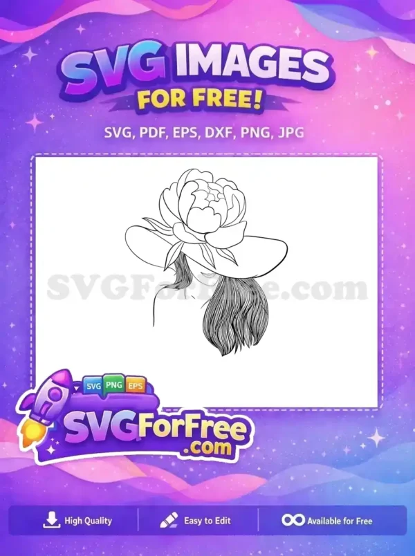 Free Peony Hat Free Flowing Hair Line Art Woman Free SVG