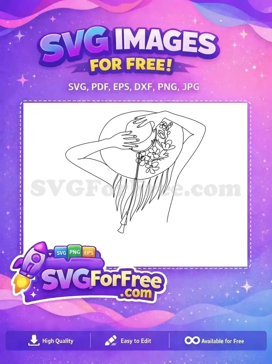 Free Woman with Floral Hat Free Line Art Women Free SVG