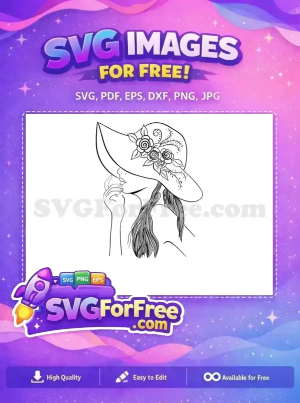 Free Floral Hat Free Flowing Hair Line Art Women Free SVG Free Floral Hat Free Flowing Hair Line Art Women Free SVG