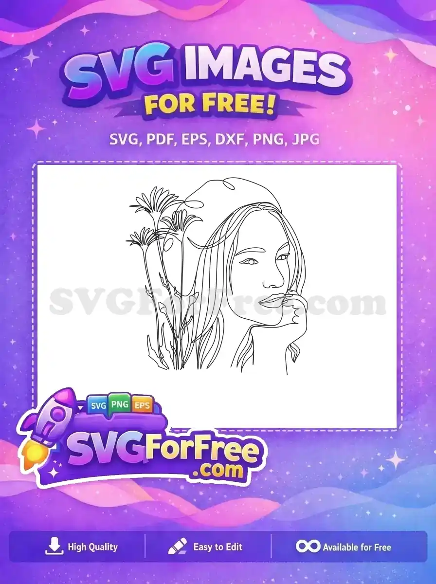 Free Beret Woman Free Flowers Line Art Design Free SVG
