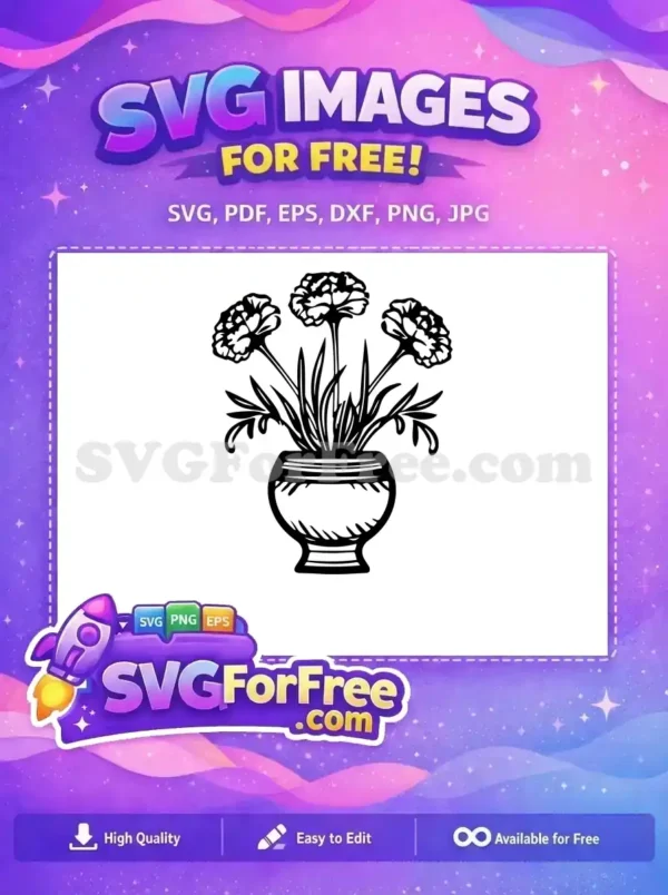 Free Marigold Flowers Silhouette Free Black Ink Vase Garden Pot Decor Free SVG