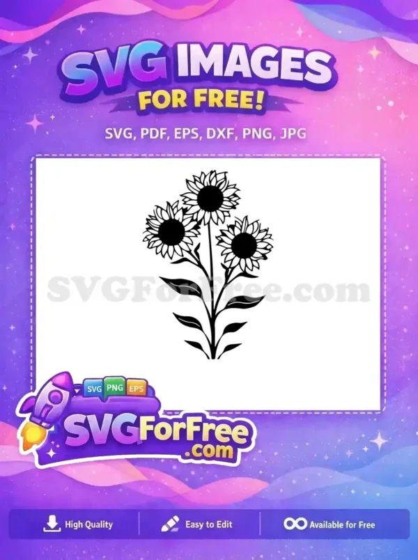 Free Three Sunflowers on Stem Free Black Silhouette Outline Floral Free SVG