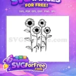 Free Four Sunflowers Stems Free Black Botanical Outline Free SVG - Instant Download