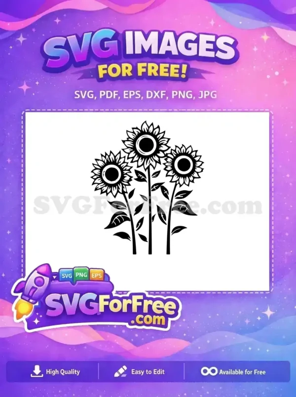 Free Three Sunflowers Silhouette Free Petals and Leaves Floral Design Free SVG