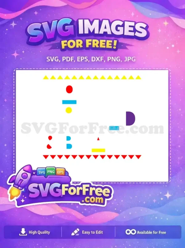 A free vibrant abstract SVG design with various geometric shapes like circles, triangles, and bars in red, yellow, blue, purple.