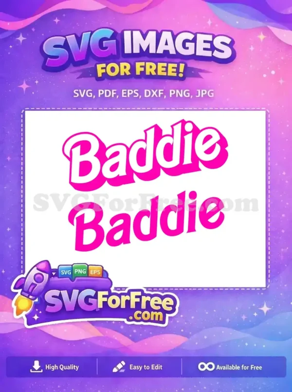 Free 'Baddie' SVG design featuring a stylish white text with a vibrant pink 3D shadow effect, perfect for free crafts.