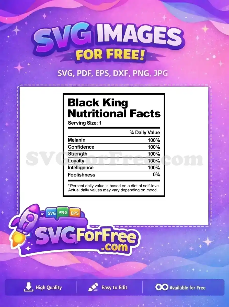 A free SVG design presenting 'Black King Nutritional Facts,' detailing Melanin, Confidence, Strength, Loyalty, and Intelligence at 100% daily value. A powerful, free statement piece.
