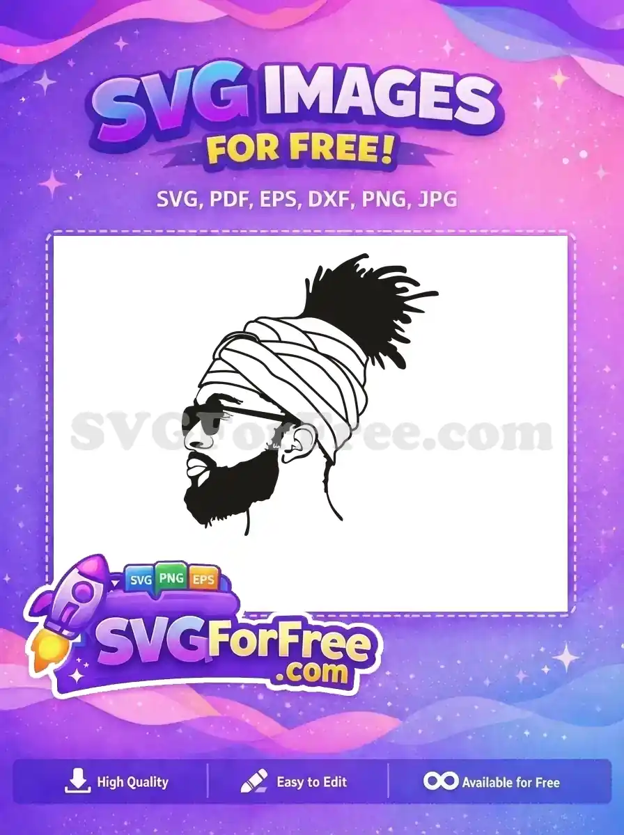 Free SVG of a man with a turban, dreadlocks, beard, and sunglasses. A cool, free design for personal use.