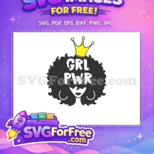 Free GRL PWR Afro Crown Design – Empowering Free SVG Art A vibrant free 'GRL PWR' SVG features a crown atop a textured afro, embodying female empowerment. This free design is impactful.