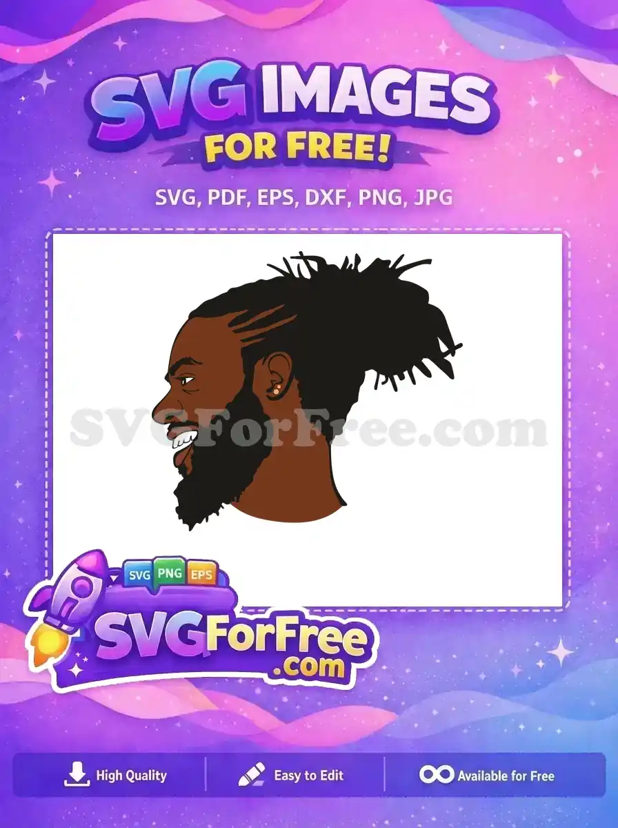A free SVG of a Black man's profile, featuring a strong beard and intricate dreadlocks, offering a powerful, free design.