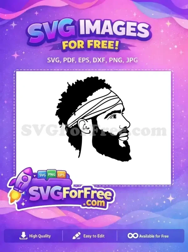 Free Bearded Man Profile SVG – Dynamic Free Design Free striking profile SVG of a man with an afro, beard, and headband; a bold, versatile free design for crafts.