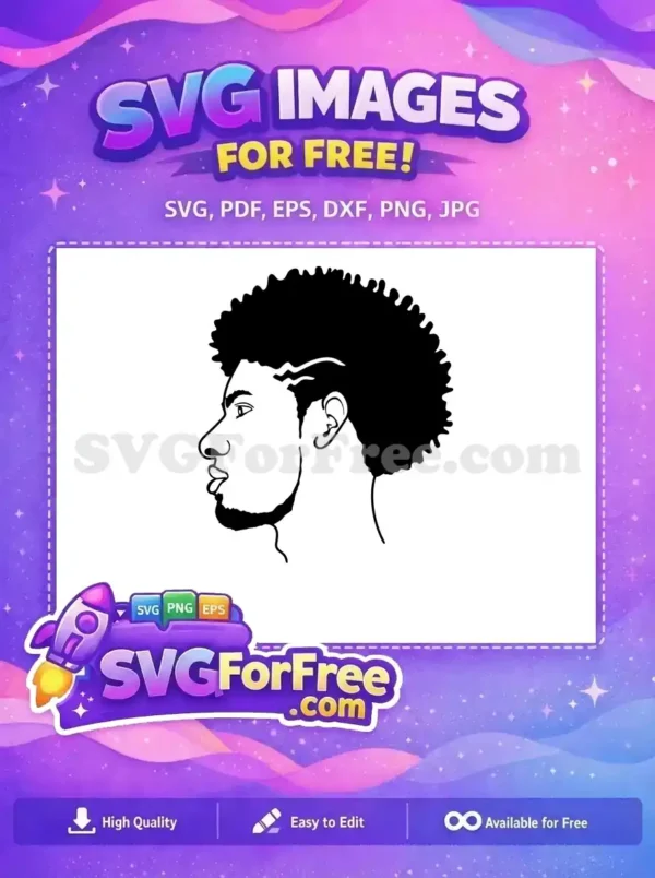 Free design of a man's profile, featuring a bold afro and beard in minimalist black and white art. Download this free SVG for your creative projects today.