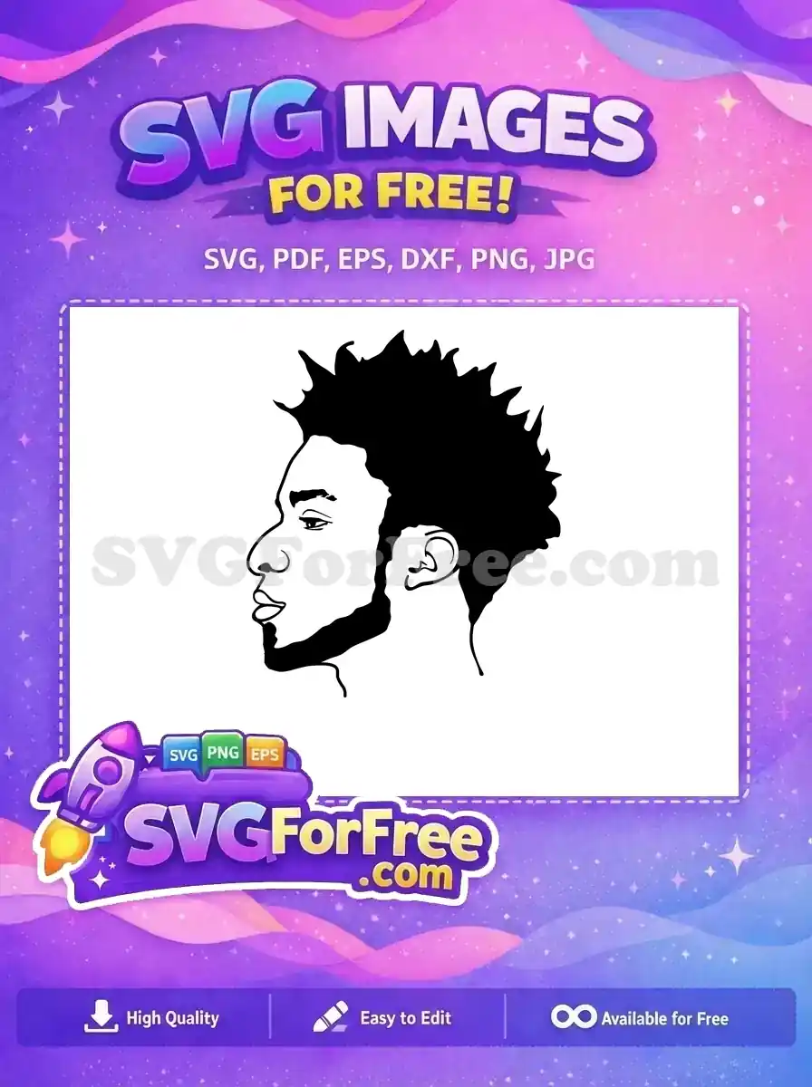 Discover this free vector art of a man's profile, featuring distinctive spiky hair and a beard, rendered in a bold, minimalist style. Ideal for diverse creative projects.