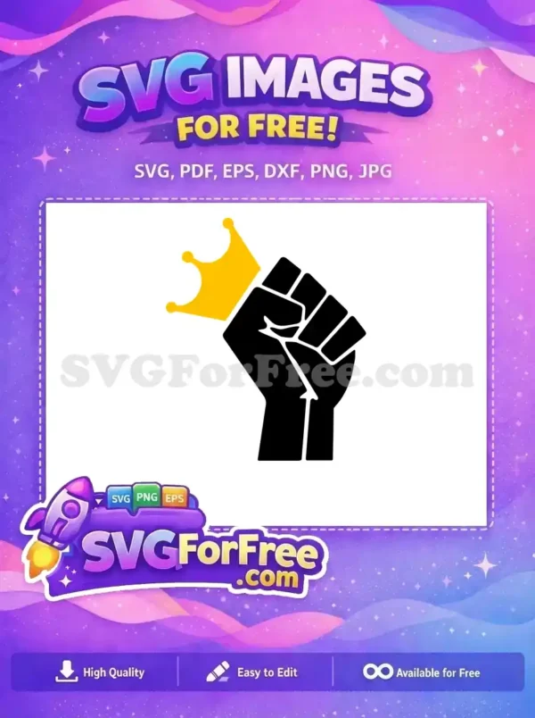 Free Black Power Crown SVG – Empowering Royalty Design A free design featuring a powerful black raised fist adorned with a golden crown, symbolizing royalty and strength.