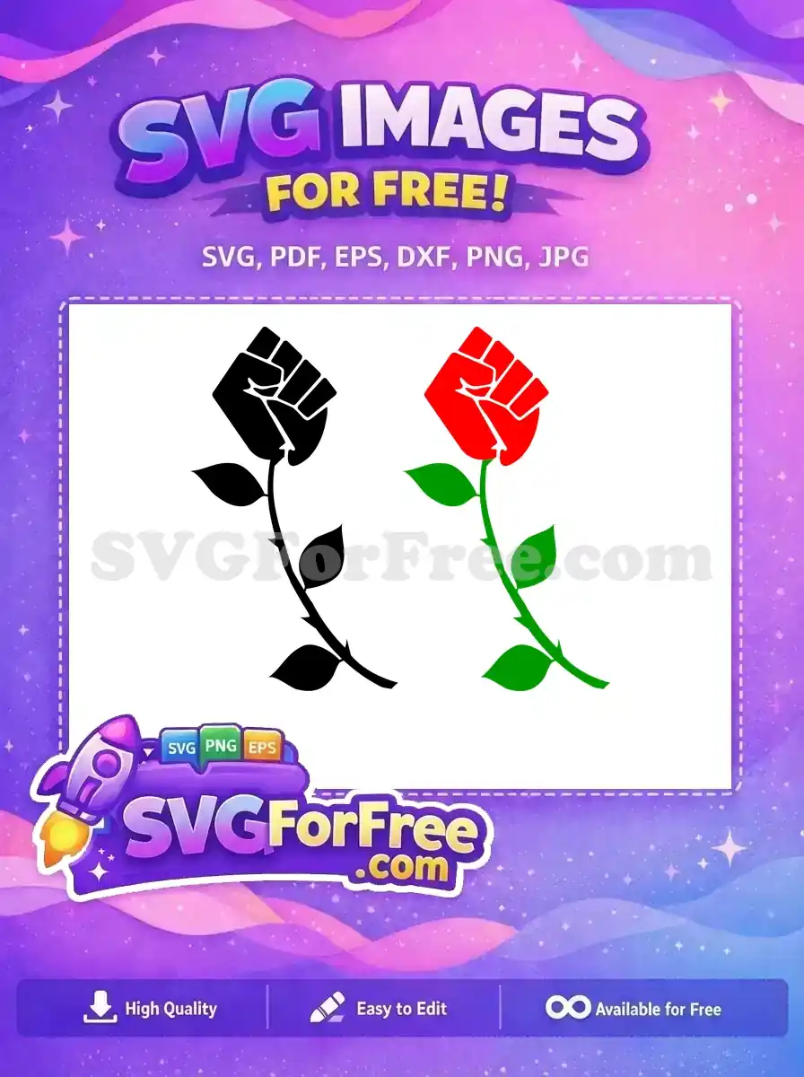 A compelling free design showing a black clenched fist emerging from a rose stem, symbolizing unity and strength. Perfect free SVG for impactful statements.