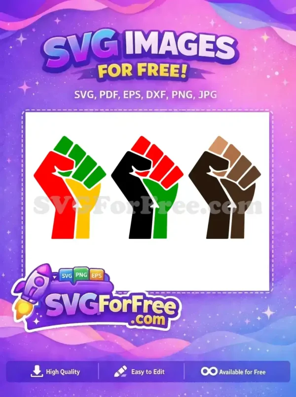 A free design showing three distinct raised fists: Pan-African colors, red/green/yellow, and diverse brown tones, symbolizing unity. This free SVG is impactful.