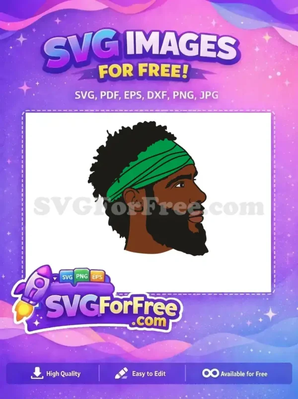 A striking free design SVG depicting a man's profile with a beard, curly hair, and a vibrant green headwrap. Ideal free vector art.