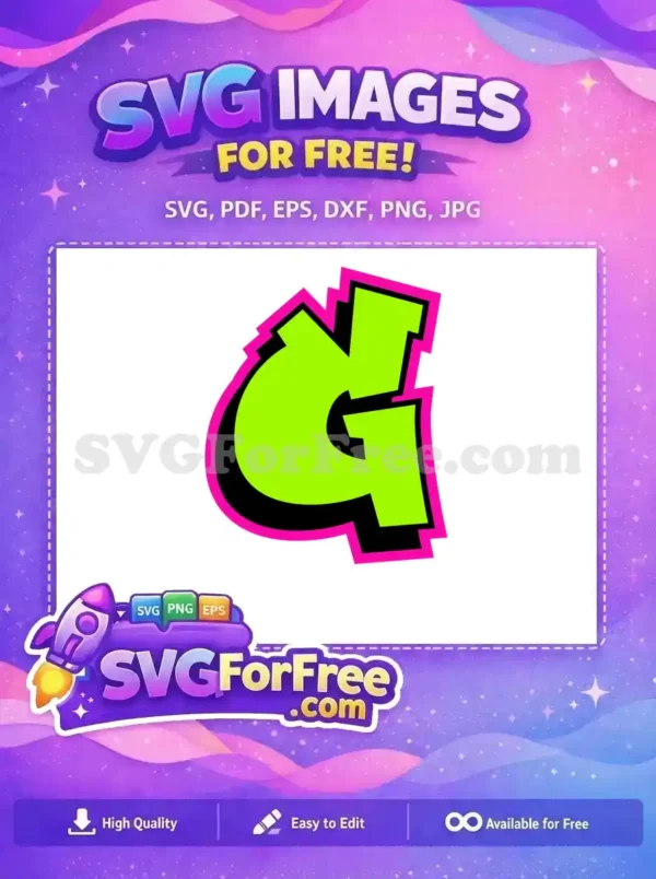 A dynamic, free G letter design in neon green, black, and hot pink, offering a bold graffiti-style.