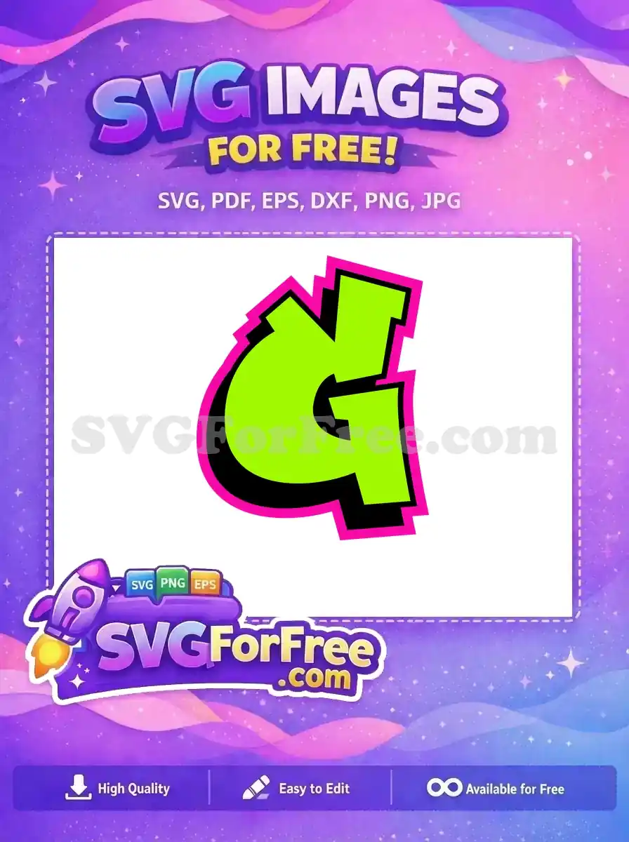 A dynamic, free G letter design in neon green, black, and hot pink, offering a bold graffiti-style.