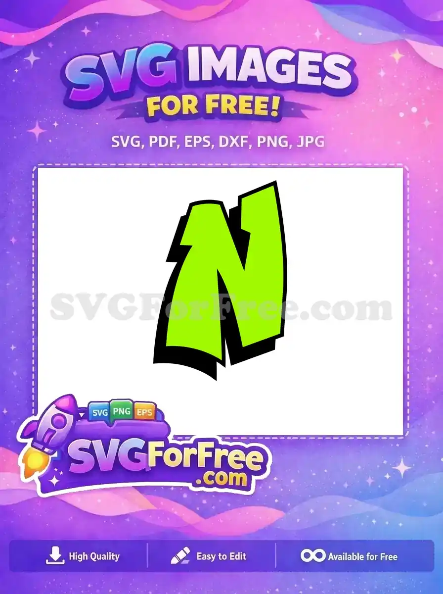 Dynamic free graffiti letter 'N' SVG, neon green with bold black outline, ideal for street art inspired designs.