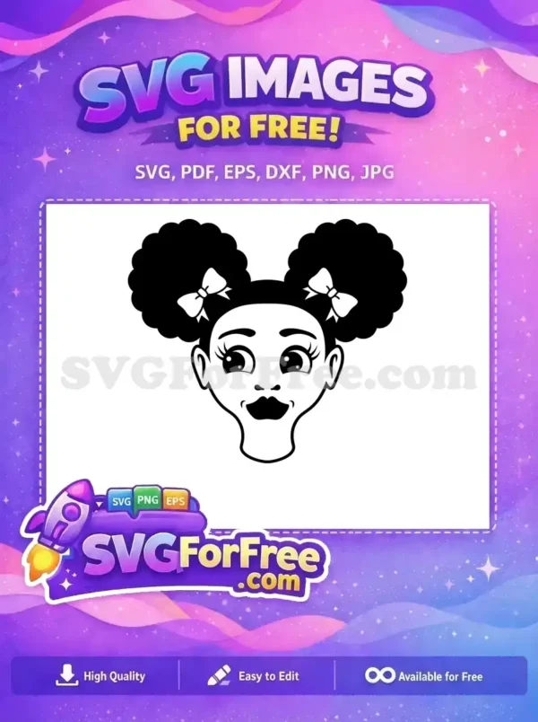 Adorable free cartoon girl design featuring Afro puffs, cute bows, and a sweet expression, perfect for your projects. This free SVG is a must-have!