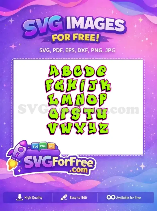 Free Graffiti Alphabet SVG – Bold & Bright Design! Discover this free graffiti-style alphabet SVG, featuring bold neon green letters with black shadows and a magenta outline. Perfect for dynamic designs.