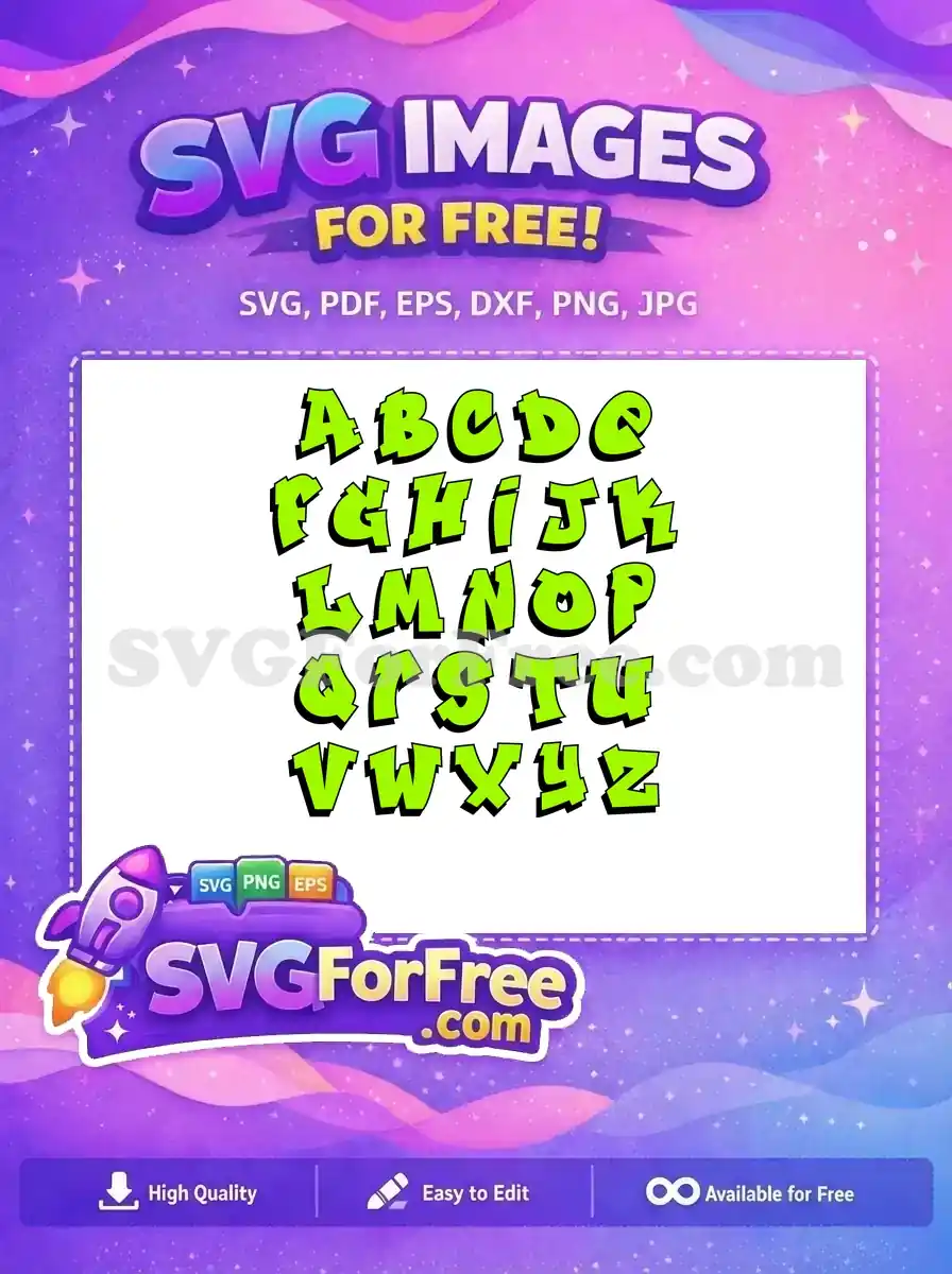 A full free graffiti alphabet in bright neon green with black outlines and shadows, offering a bold, free design for projects.
