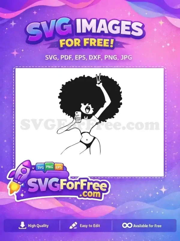 Free design: A vibrant black and white SVG of a woman with an afro, taking a selfie with a peace sign, ready for free download!