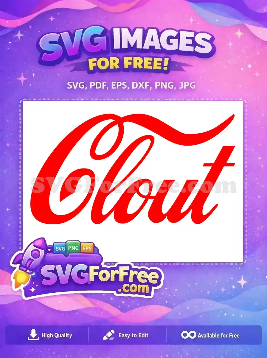 Free 'Clout' SVG design in a vibrant red, stylized script font, mimicking a famous beverage logo. Ideal for creative projects.