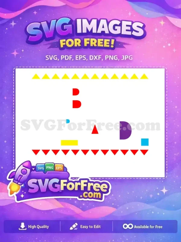 A colorful abstract free design featuring geometric shapes: triangles, rectangles, and letter fragments on a white background. Free for your projects!