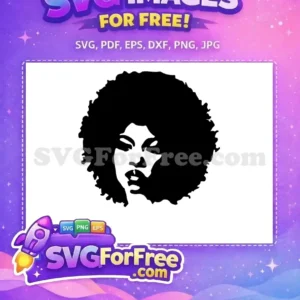 A striking free SVG of a woman's silhouette with an impressive afro, rendered in bold black and white. This free design is versatile.
