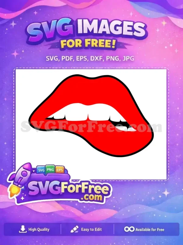 A striking free SVG of red lips with a black outline, playfully biting the lower lip, offering a bold, free design.