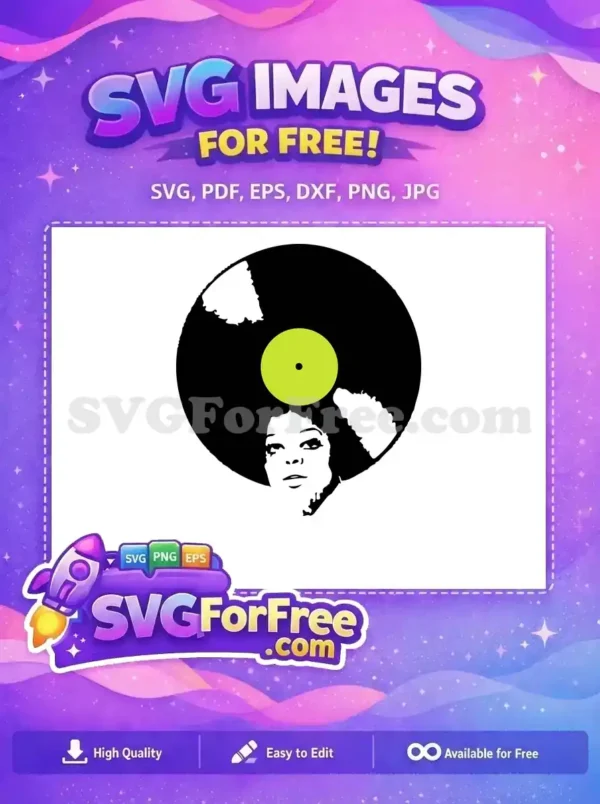 Free design: black vinyl record, lime green label, stylized afro woman's face. Perfect for music, retro art projects.